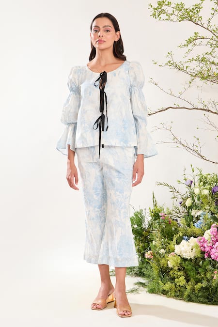 Meadow_Blue Cotton Round Neck Botanical Print Top And Pant Set _Online_at_Aza_Fashions