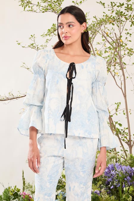 Meadow_Blue Cotton Round Neck Botanical Print Top And Pant Set _at_Aza_Fashions