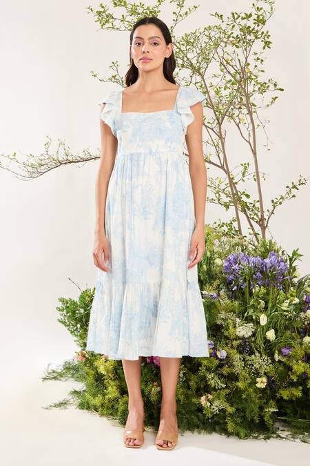 Meadow_Blue Cotton Square Neck Botanic Print Midi Dress _Online_at_Aza_Fashions