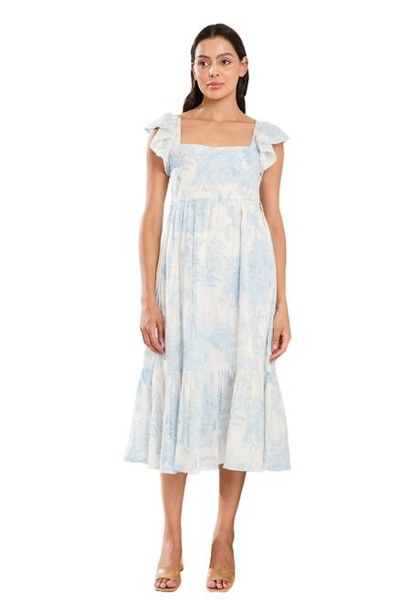 Buy_Meadow_Blue Cotton Square Neck Botanic Print Midi Dress _Online_at_Aza_Fashions