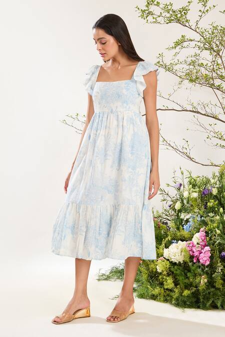 Shop_Meadow_Blue Cotton Square Neck Botanic Print Midi Dress _Online_at_Aza_Fashions