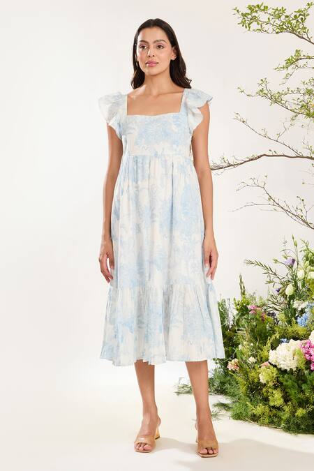 Meadow_Blue Cotton Square Neck Botanic Print Midi Dress _at_Aza_Fashions
