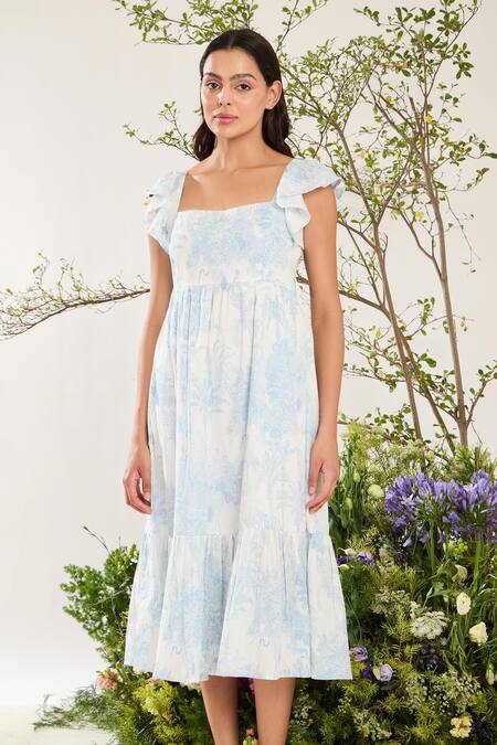 Buy_Meadow_Blue Cotton Square Neck Botanic Print Midi Dress 