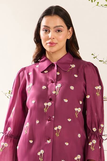 Meadow_Purple Silk, Cotton Embroidery Collared Floral Hand Shirt Pant Set _Online_at_Aza_Fashions