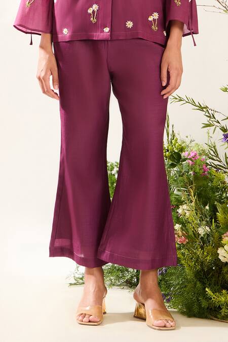Buy_Meadow_Purple Silk, Cotton Embroidery Collared Floral Hand Shirt Pant Set _Online_at_Aza_Fashions
