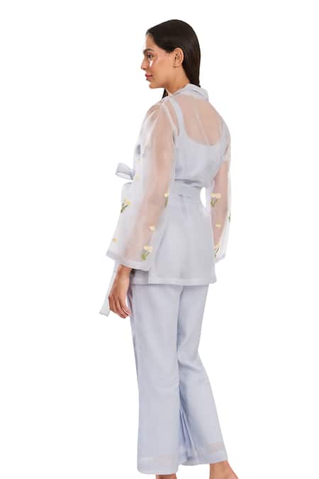Meadow_Blue Silk Organza, Silk, Cotton Embroidery Floral Hand Jacket And Pant Set _Online_at_Aza_Fashions