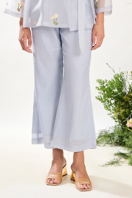 Shop_Meadow_Blue Silk Organza, Silk, Cotton Embroidery Floral Hand Jacket And Pant Set _Online_at_Aza_Fashions