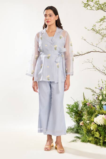 Buy_Meadow_Blue Silk Organza, Silk, Cotton Embroidery Floral Hand Jacket And Pant Set 