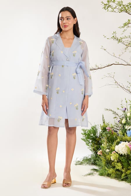 Meadow Blue Silk Cotton Organza Hand Embroidered Floral Notched Collar Sheer Midi Dress 