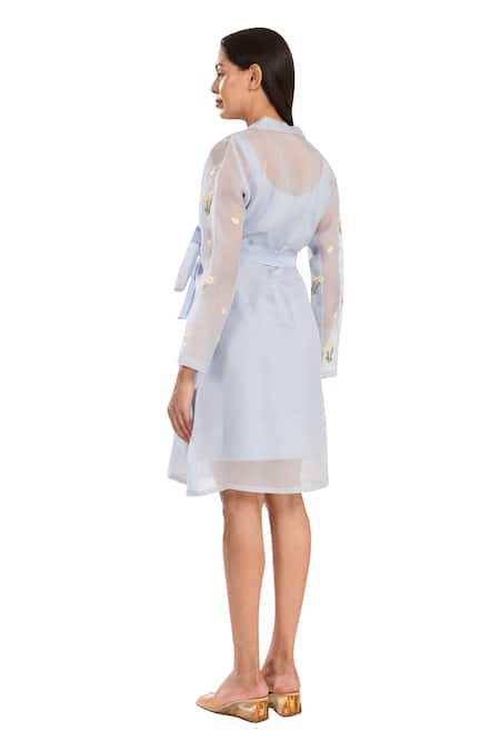 Buy_Meadow_Blue Silk, Cotton, Organza Embroidery Collared Floral Hand Sheer Midi Dress _Online_at_Aza_Fashions