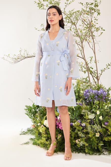 Meadow_Blue Silk, Cotton, Organza Embroidery Collared Floral Hand Sheer Midi Dress _at_Aza_Fashions