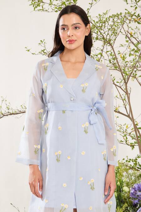 Meadow_Blue Silk, Cotton, Organza Embroidery Collared Hand Sheer Midi Dress _Online_at_Aza_Fashions