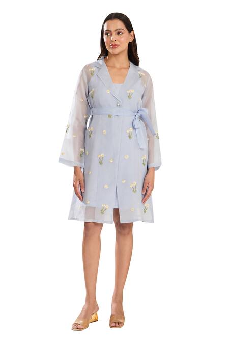 Shop_Meadow_Blue Silk, Cotton, Organza Embroidery Collared Hand Sheer Midi Dress _Online_at_Aza_Fashions