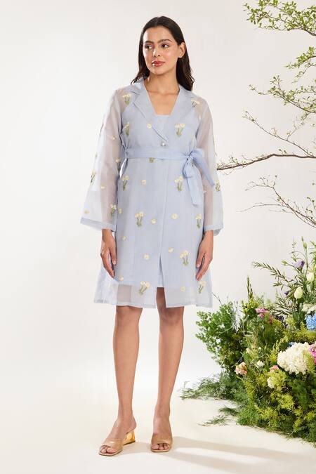 Meadow_Blue Silk, Cotton, Organza Embroidery Collared Hand Sheer Midi Dress _at_Aza_Fashions