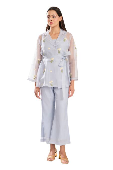 Buy_Meadow_Blue , Cotton, Organza Embroidery Collared Floral Hand Jacket _Online_at_Aza_Fashions