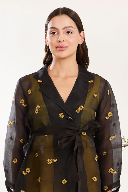 Meadow Black Silk Organza, Silk, Cotton Embroidery Contrast Hand Jacket Pant Set Online at Aza Fashions Meadow_Black Silk Organza, Silk, Cotton Embroidery Contrast Hand Jacket Pant Set _Online_at_Aza_Fashions