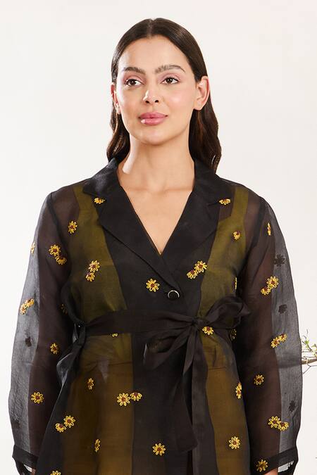 Meadow_Black , Cotton, Organza Embroidery V-neck Contrast Hand Jacket _Online_at_Aza_Fashions