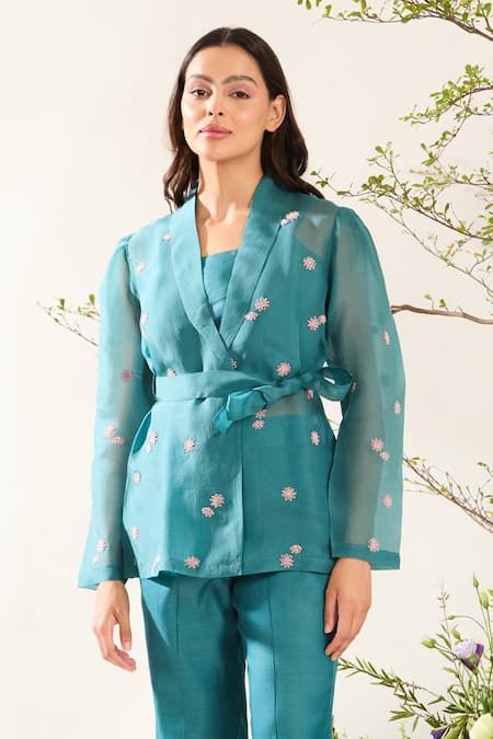 Meadow Blue Jacket Silk Cotton Organza Embroidery Bloom Lapel Collar With Inner Top 