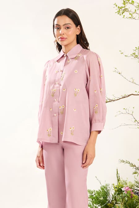 Meadow Purple Silk Blend Lining Embroidery Ditsy Shirt With Inner Top 