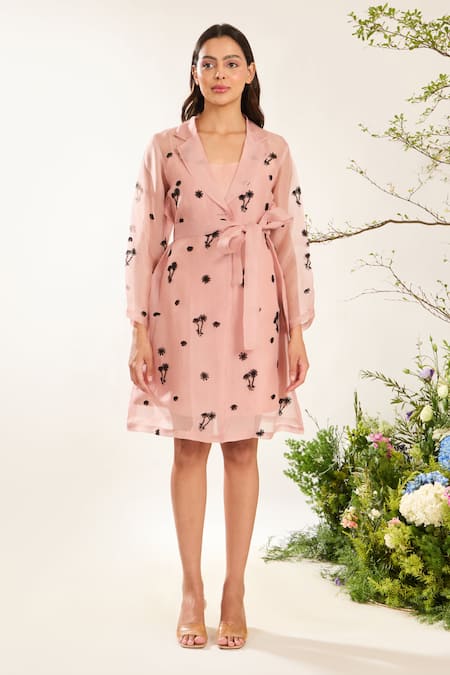 Meadow Pink Silk Cotton Organza Embroidery Blossom Lapel Collar Coat Dress With Belt 