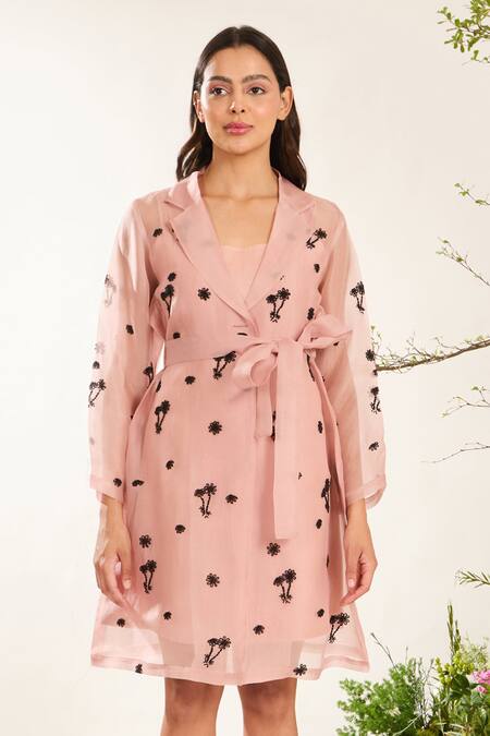 Meadow_Pink Silk Organza Embroidery Collared Blossom Coat Dress With Belt _Online_at_Aza_Fashions