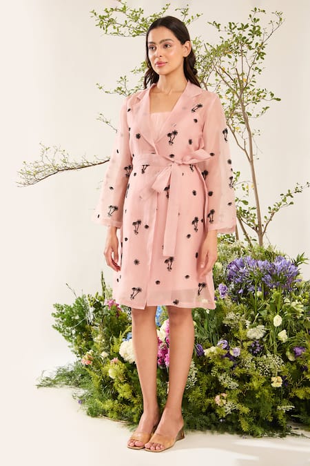Buy_Meadow_Pink Silk Organza Embroidery Collared Blossom Coat Dress With Belt _Online_at_Aza_Fashions