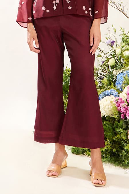 Meadow_Red Silk, Cotton, Organza Embroidery Collared Floret Jacket Pant Set _Online_at_Aza_Fashions