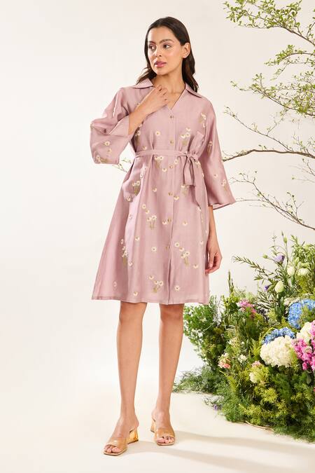 Meadow_Purple Silk, Cotton Embroidery Bloom Daisy Shirt With Inner _Online_at_Aza_Fashions