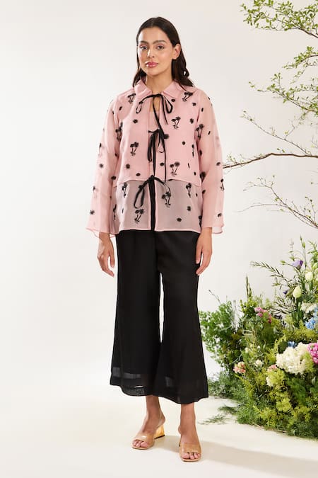 Meadow Pink Jacket Silk Cotton Organza Embroidery Floret Collar Neck Pant Set 