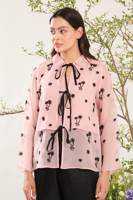 Meadow Pink Jacket Silk Cotton Organza Embroidery Florence Collar Neck With Inner Top 