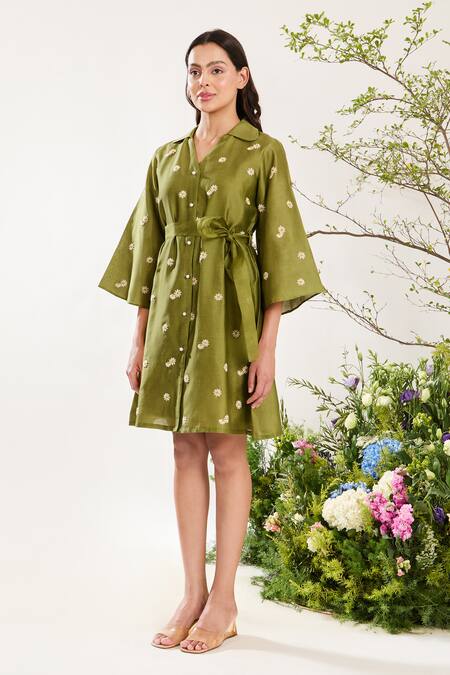 Meadow_Green Silk, Cotton Embroidery Collared Daisy Flora Shirt With Inner _Online_at_Aza_Fashions