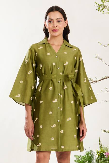 Buy_Meadow_Green Silk, Cotton Embroidery Collared Daisy Flora Shirt With Inner _Online_at_Aza_Fashions
