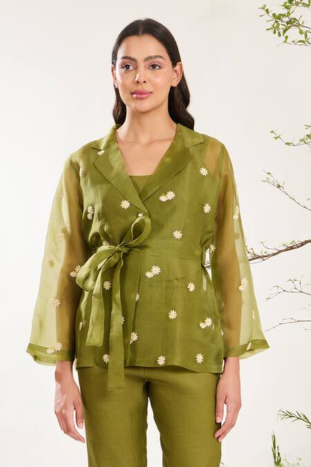 Meadow_Green Silk, Cotton, Organza Embroidery Daisy Glory Jacket With Inner Top _Online_at_Aza_Fashions