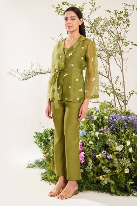 Buy_Meadow_Green Silk, Cotton, Organza Embroidery Daisy Glory Jacket With Inner Top _Online_at_Aza_Fashions