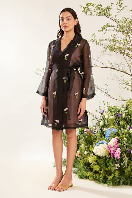 Meadow Black Silk Cotton Organza Embroidery Floweret Cuban Collar Coat Dress With Belt 