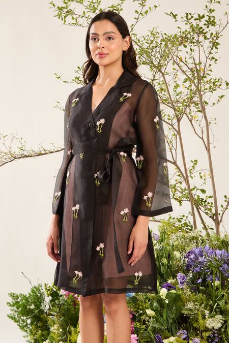 Meadow_Black Silk, Cotton, Organza Embroidery Collared Floweret Coat Dress Set _Online_at_Aza_Fashions