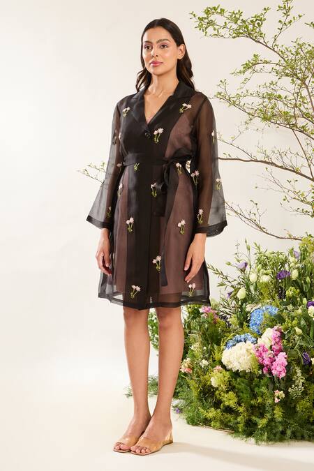 Meadow_Black Silk, Cotton, Organza Embroidery Collared Floweret Coat Dress Set _at_Aza_Fashions