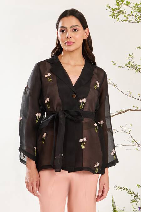 Buy_Meadow_Black Silk, Cotton, Organza Embroidery Collared Wildbloom Era Jacket Pant Set _Online_at_Aza_Fashions