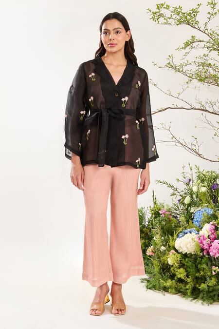 Meadow Black Silk, Cotton, Organza Embroidery Wildbloom Era Jacket With Inner Top Online at Aza Fashions Meadow_Black Silk, Cotton, Organza Embroidery Wildbloom Era Jacket With Inner Top _Online_at_Aza_Fashions