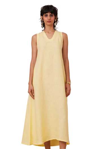 The Summer House_Yellow Linen Round Neck Blake Solid Midi Dress_Online_at_Aza_Fashions