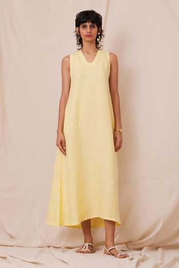 Buy_The Summer House_Yellow Linen Round Neck Blake Solid Midi Dress_Online_at_Aza_Fashions