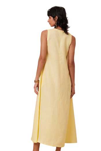 Shop_The Summer House_Yellow Linen Round Neck Blake Solid Midi Dress_Online_at_Aza_Fashions