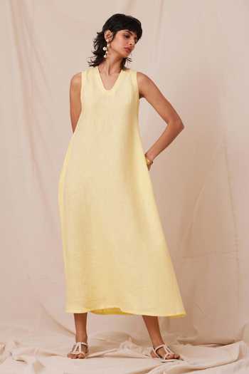 The Summer House_Yellow Linen Round Neck Blake Solid Midi Dress_at_Aza_Fashions