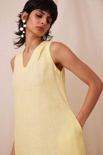 Buy_The Summer House_Yellow Linen Round Neck Blake Solid Midi Dress
