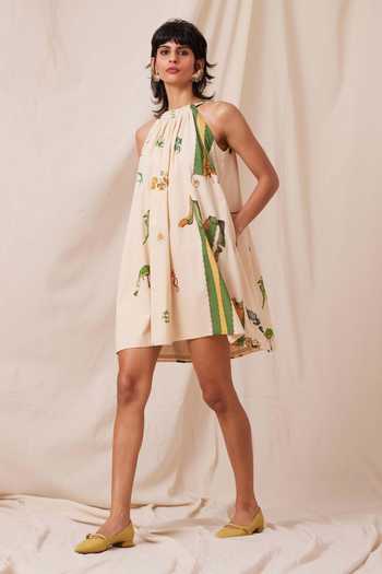 The Summer House_Beige Cotton, Voile Halter Neck Chica Carnival Print Gathered Dress_Online_at_Aza_Fashions