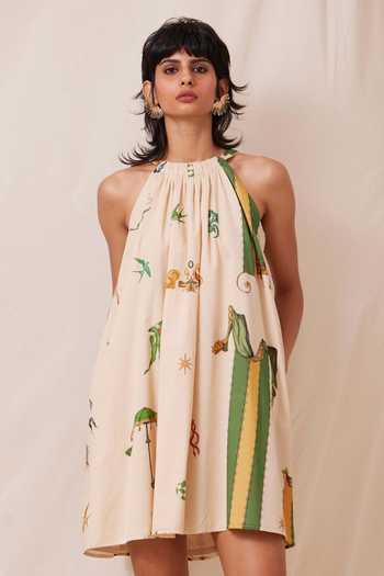 Buy_The Summer House_Beige Cotton, Voile Halter Neck Chica Carnival Print Gathered Dress_Online_at_Aza_Fashions