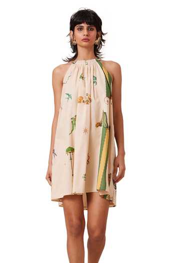 Shop_The Summer House_Beige Cotton, Voile Halter Neck Chica Carnival Print Gathered Dress_Online_at_Aza_Fashions