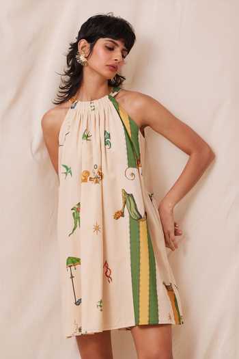 Buy_The Summer House_Beige Cotton, Voile Halter Neck Chica Carnival Print Gathered Dress
