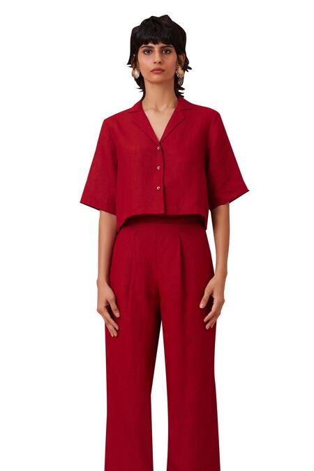 The Summer House_Red Linen Collared Clyde Solid Shirt And Trouser Co-ord Set_Online_at_Aza_Fashions