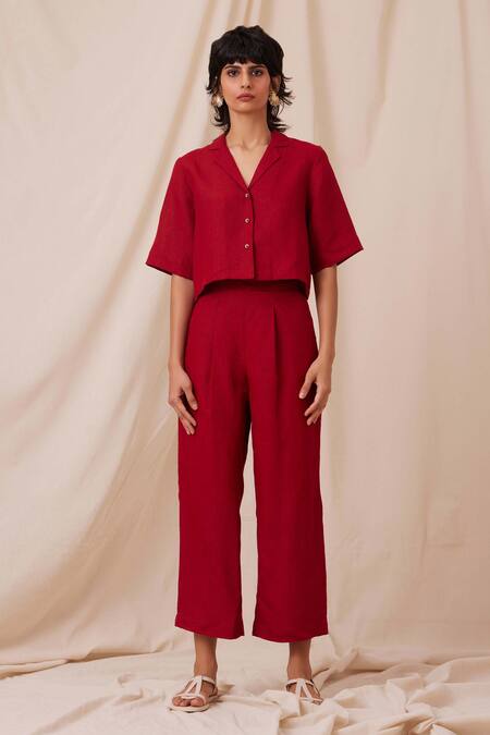 Buy_The Summer House_Red Linen Collared Clyde Solid Shirt And Trouser Co-ord Set_Online_at_Aza_Fashions